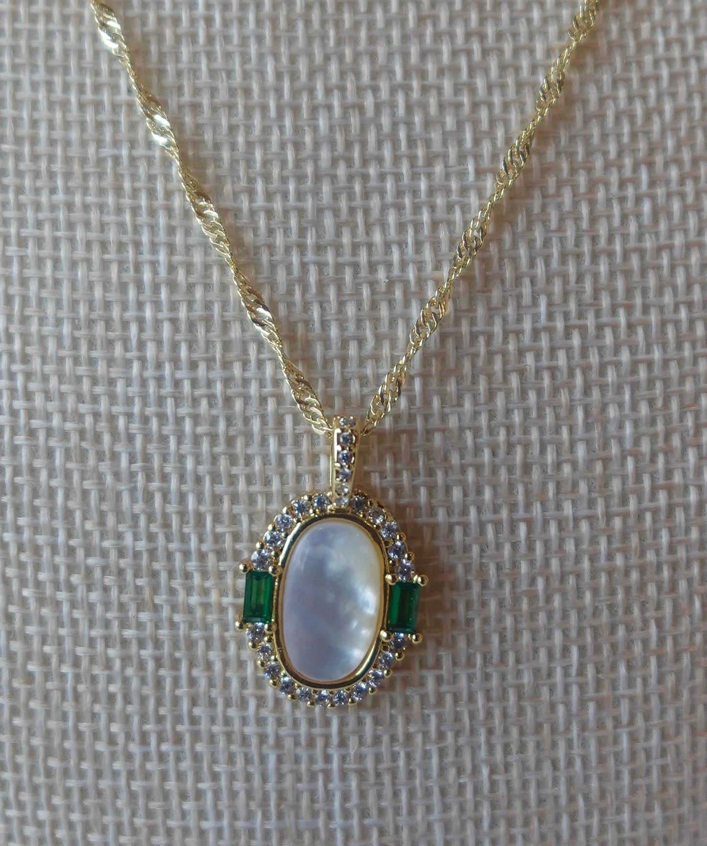 “Evelyn” Gold Filled Emerald Pearl Necklace