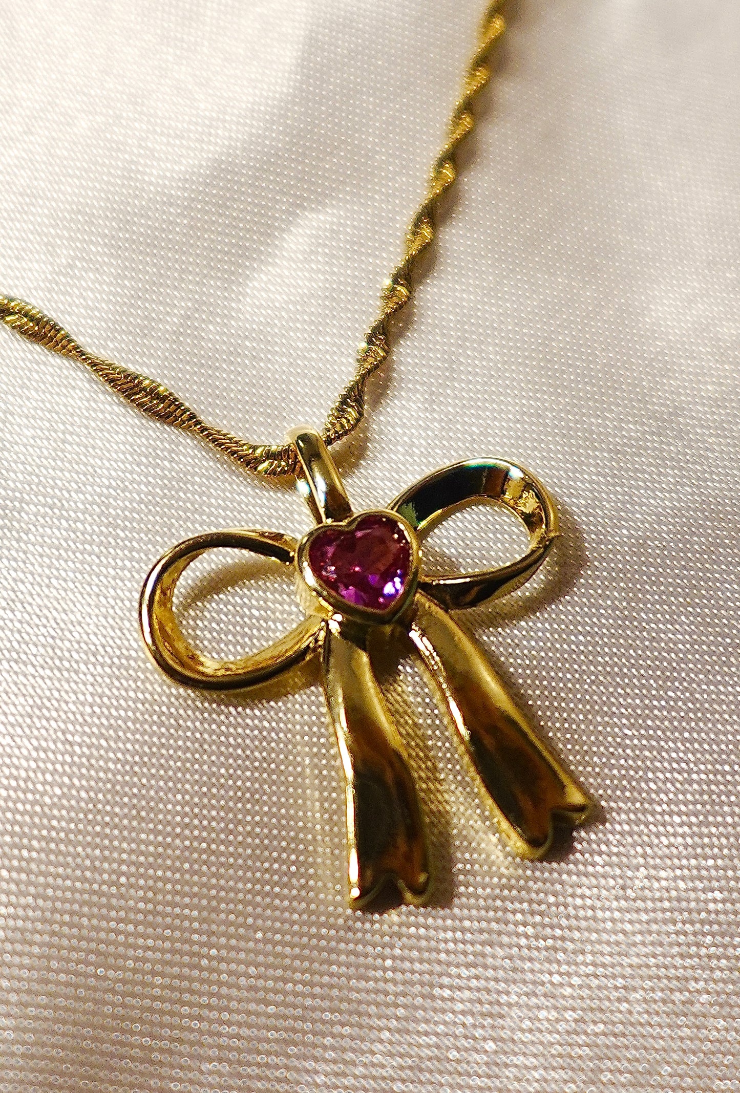 "Sabrina " Pink Bow Heart Gold Filled Necklace