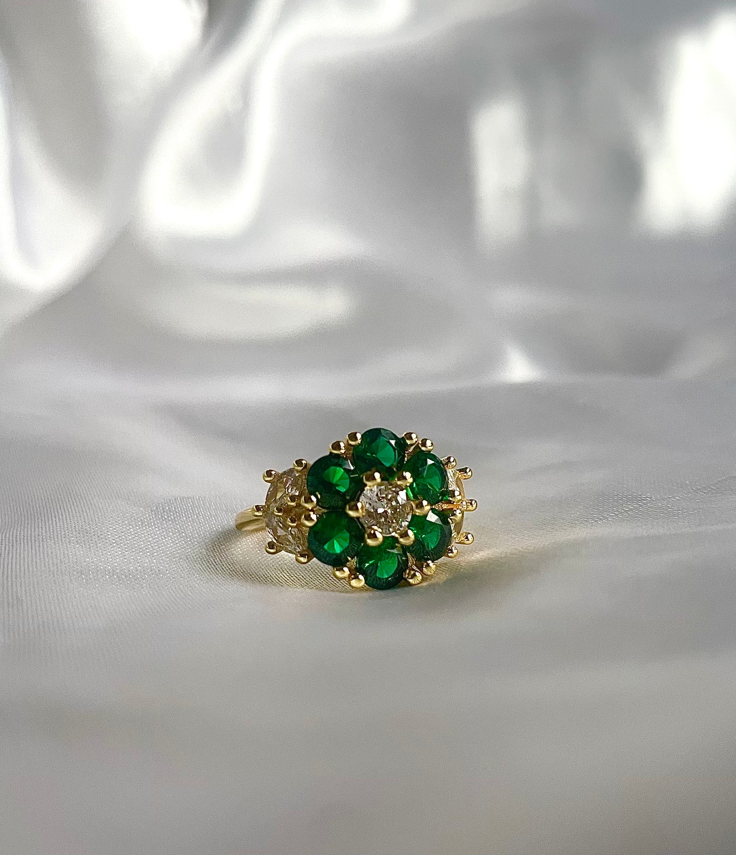 “Emerald Garden” Gold Filled Emerald Floral Adjustable Ring