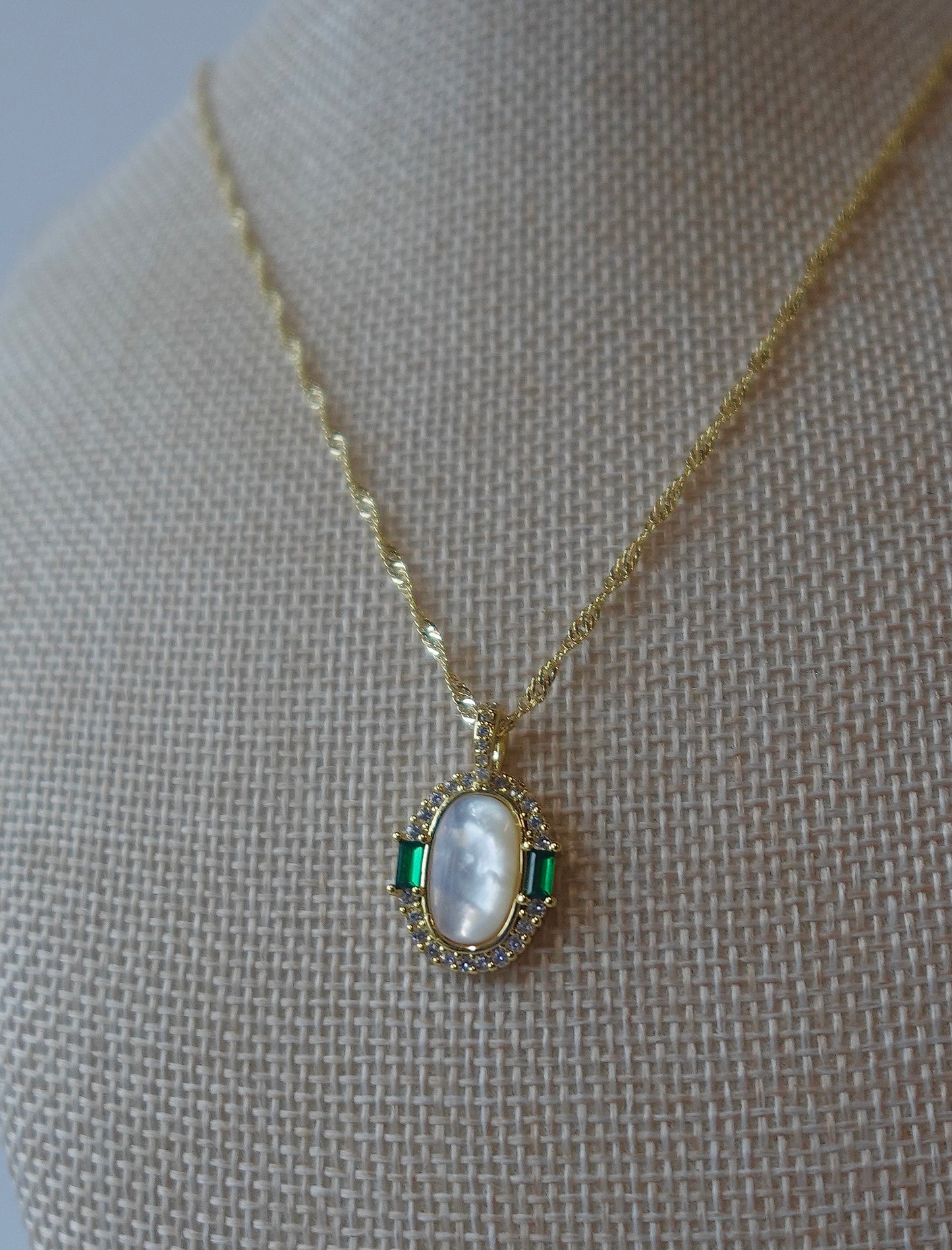 “Evelyn” Gold Filled Emerald Pearl Necklace
