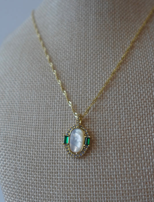 “Evelyn” Gold Filled Emerald Pearl Necklace