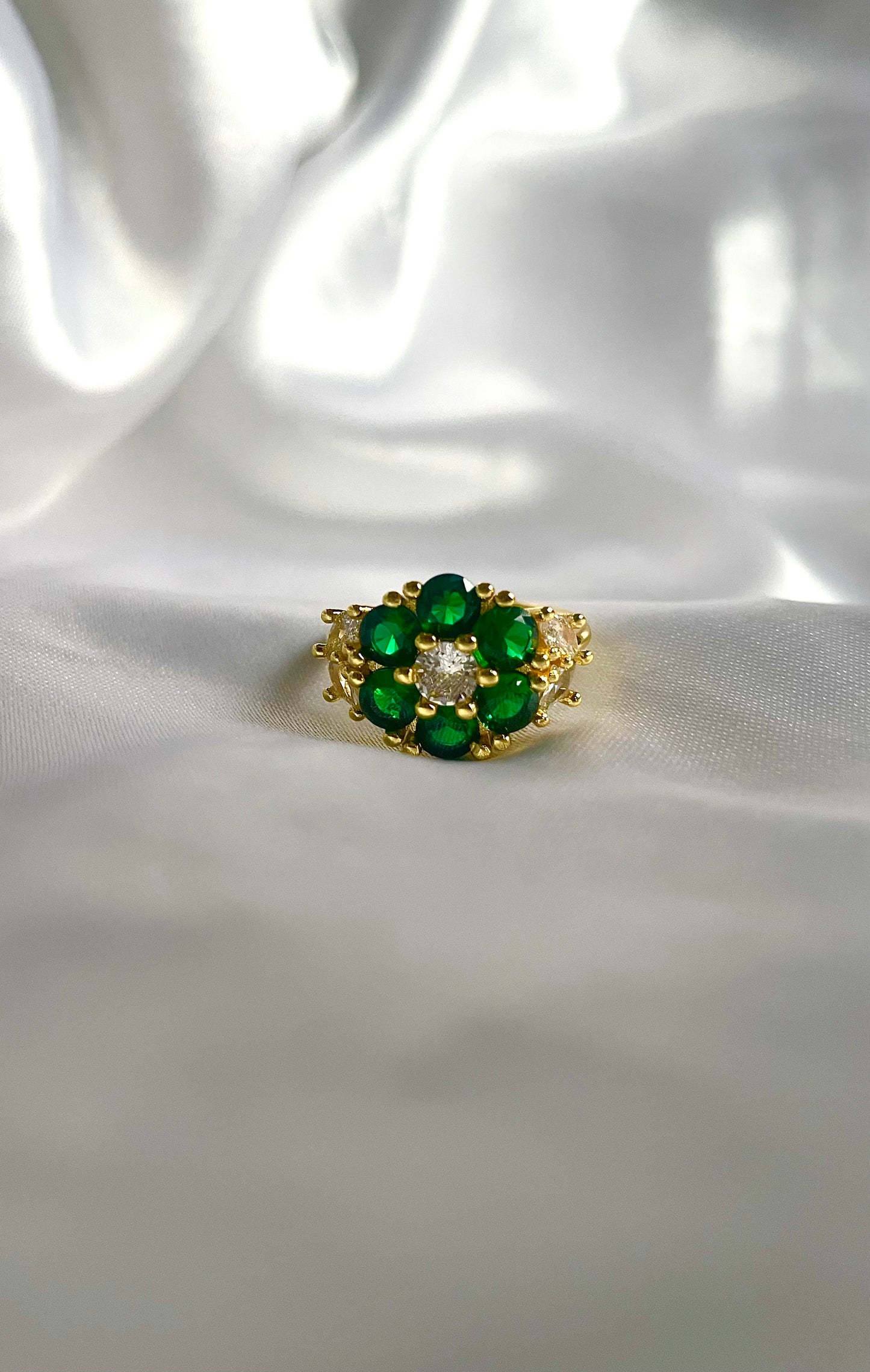 “Emerald Garden” Gold Filled Emerald Floral Adjustable Ring