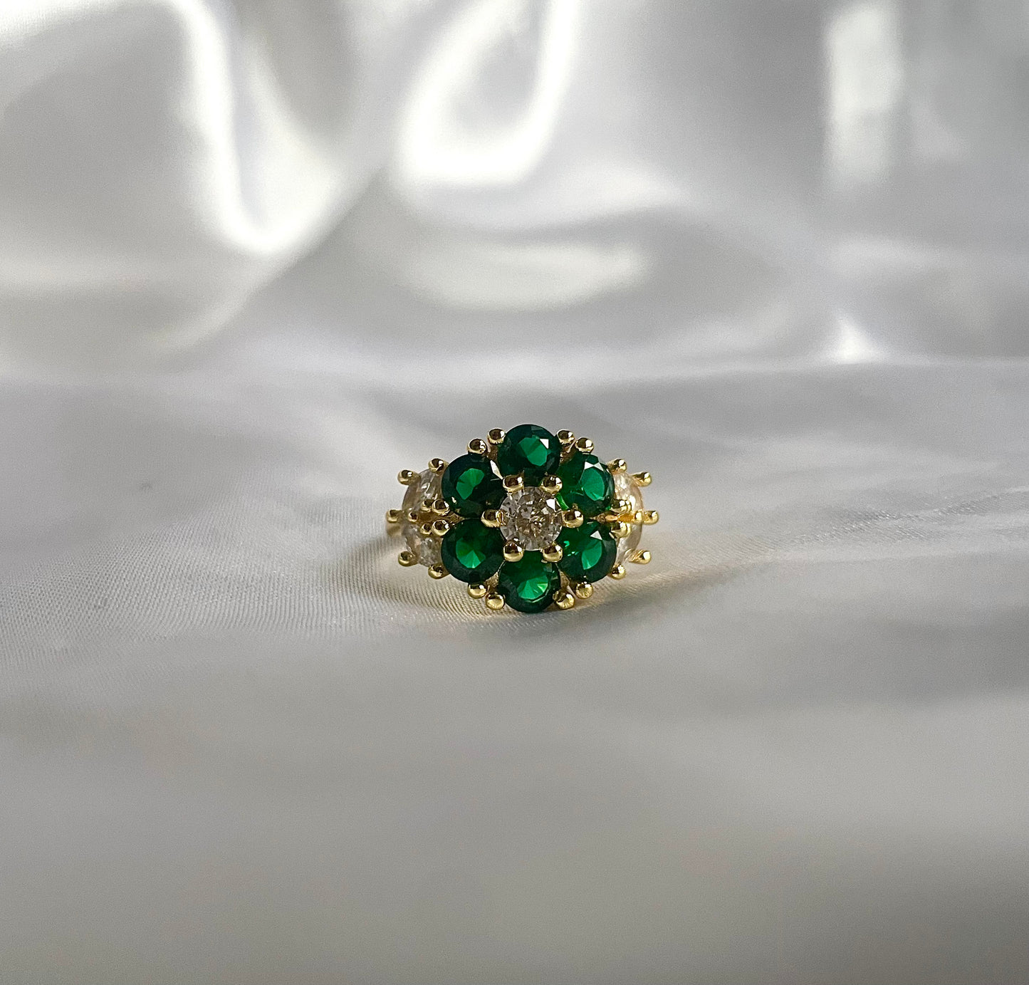 “Emerald Garden” Gold Filled Emerald Floral Adjustable Ring