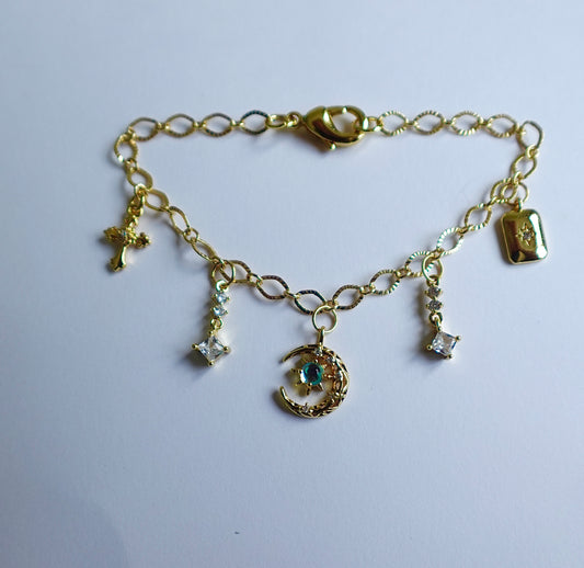 Crystal Crescent Gold Filled Charm Bracelet