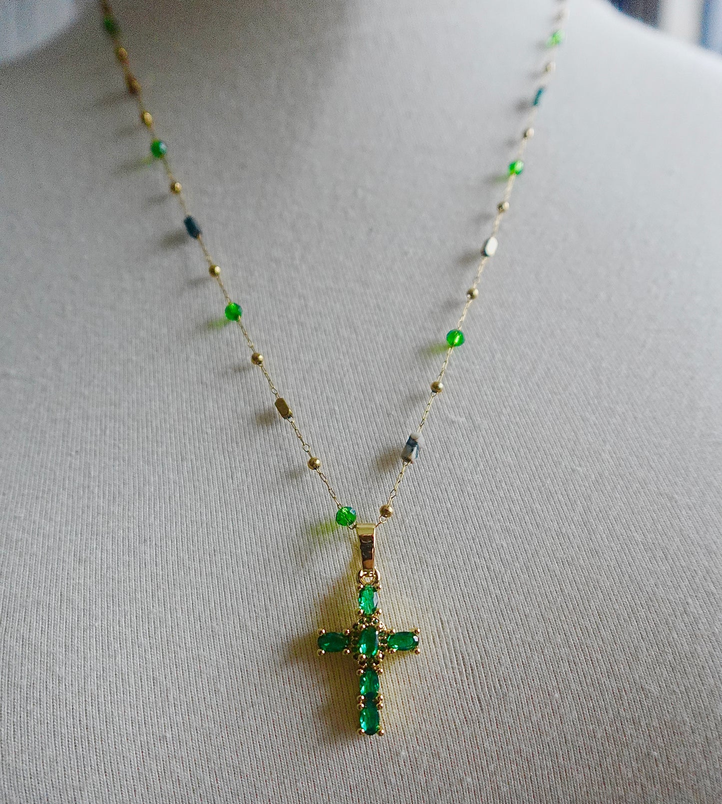 “Halo” Emerald & Adventurine Gold Filled Long Cross Necklace