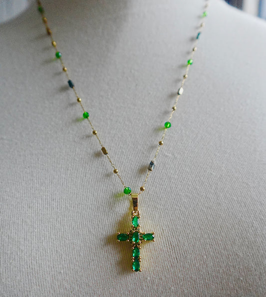 “Halo” Emerald & Adventurine Gold Filled Long Cross Necklace