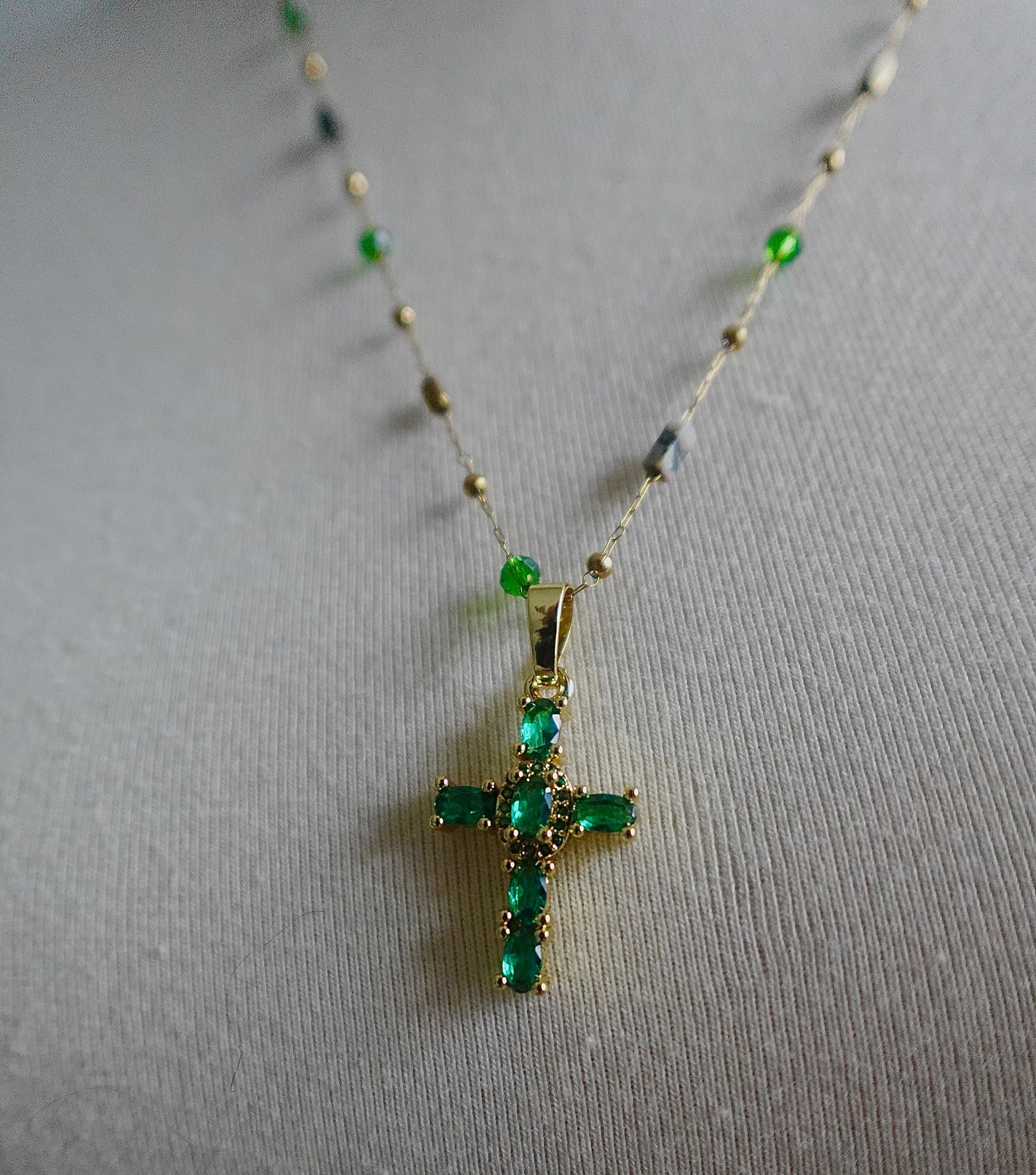 “Halo” Emerald & Adventurine Gold Filled Long Cross Necklace