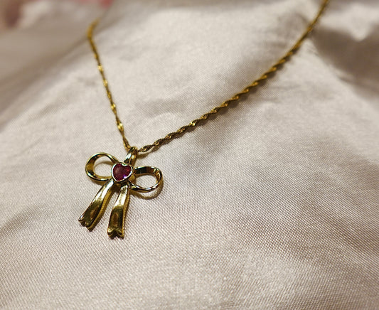 "Sabrina " Pink Bow Heart Gold Filled Necklace